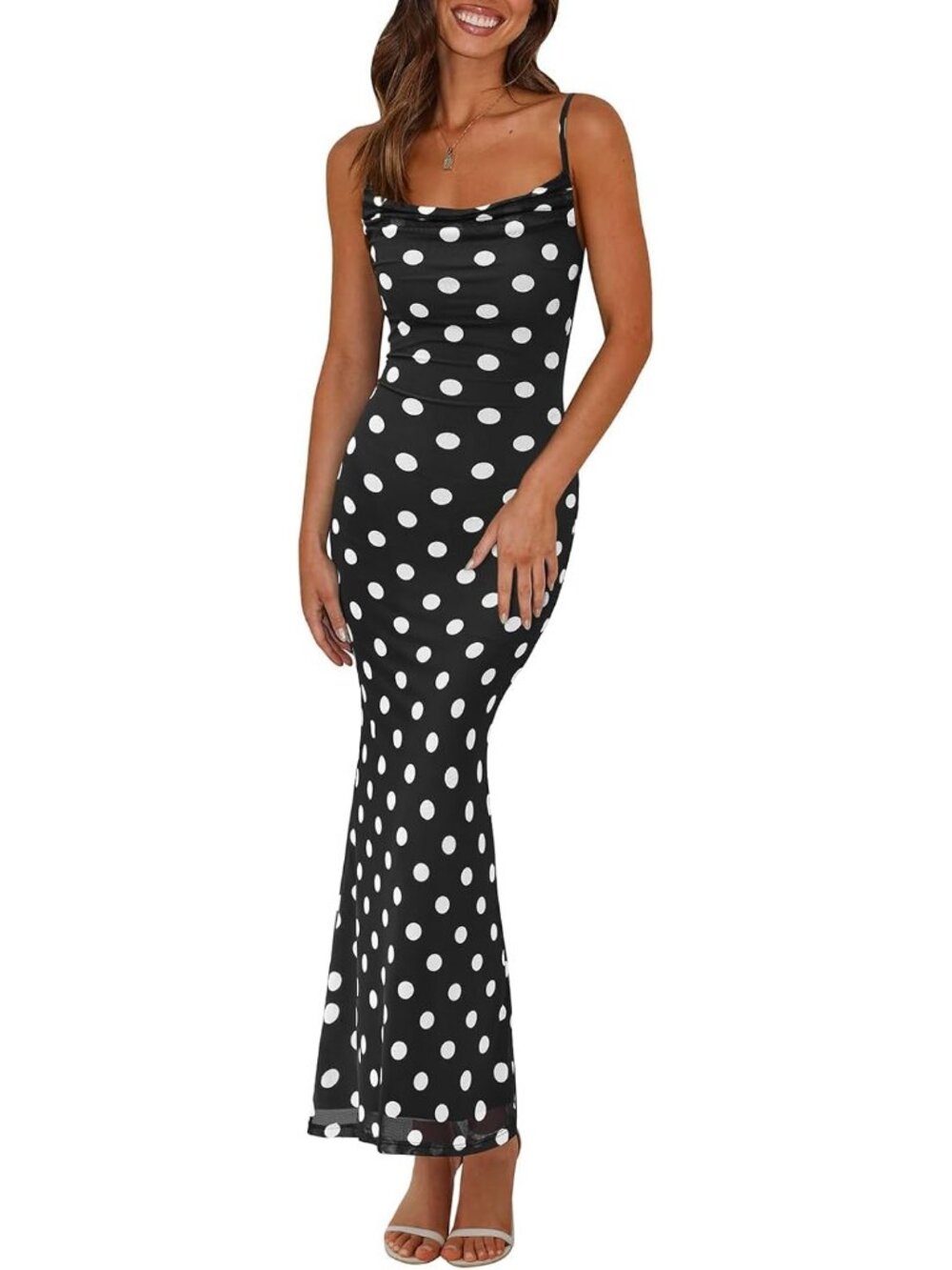 Women's Dot Black White Floral Maxi Bodycon Spaghetti Strap Backless Slip Dress